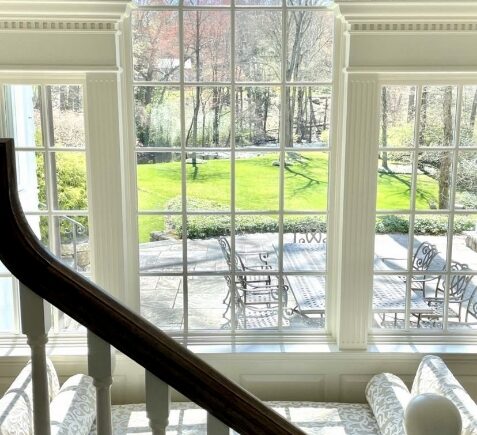 A view of a garden from the top floor.