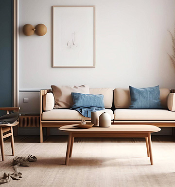 A living room with a couch and coffee table