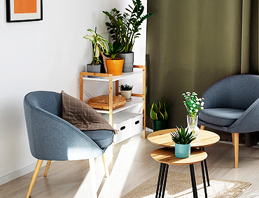 A living room with two chairs and plants on the table