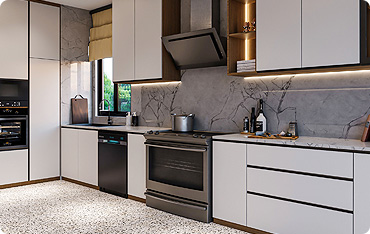 A kitchen with white cabinets and black appliances.
