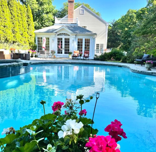 A pool with flowers in the foreground and a house behind it.